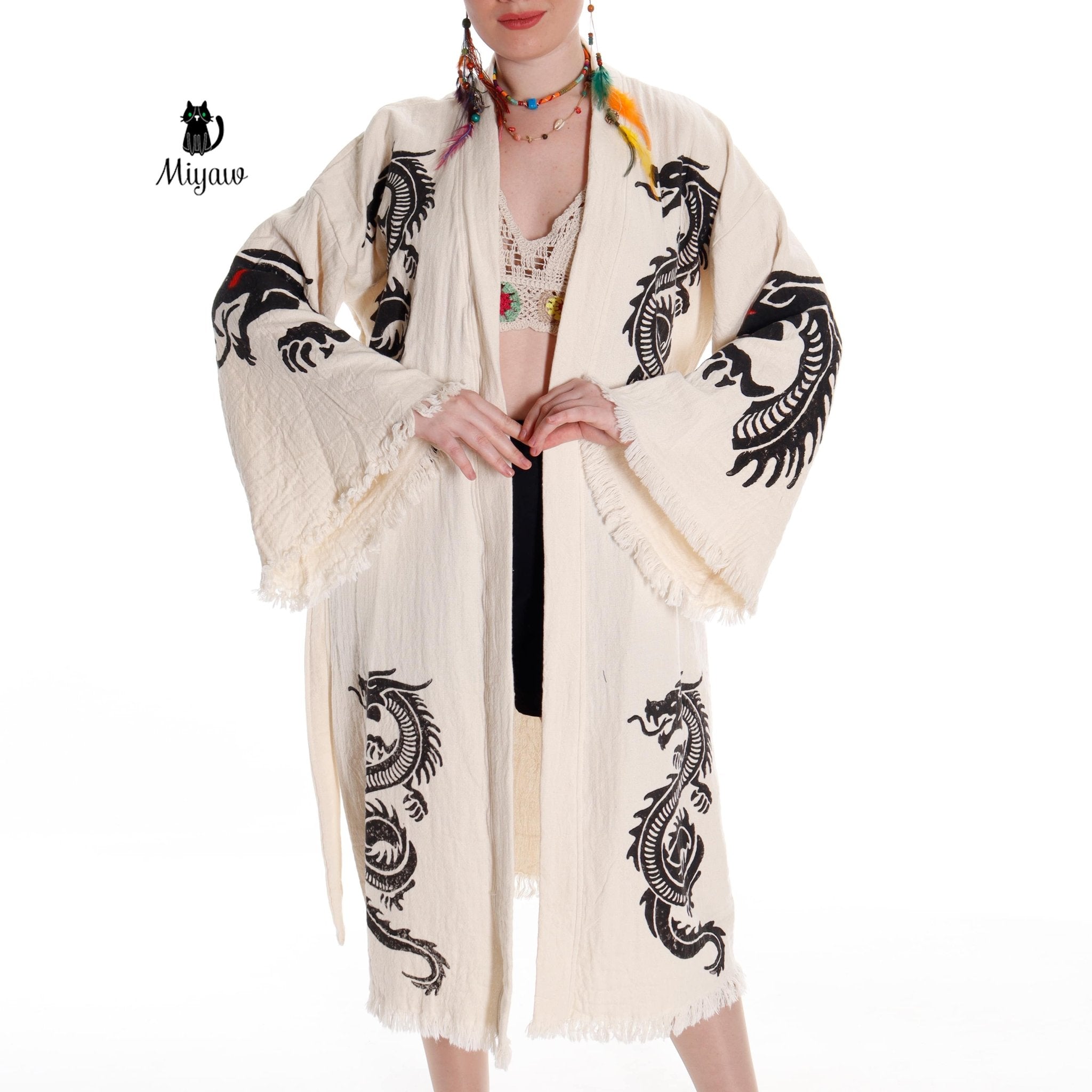 Boho Cotton Kimono Robe – Handcrafted Dragon Sleeve Resort Gown - Triniskies