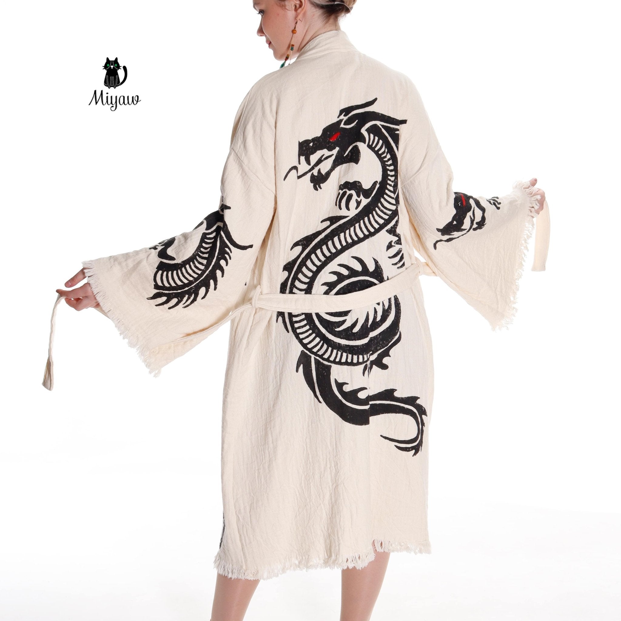 Boho Cotton Kimono Robe – Handcrafted Dragon Sleeve Resort Gown - Triniskies