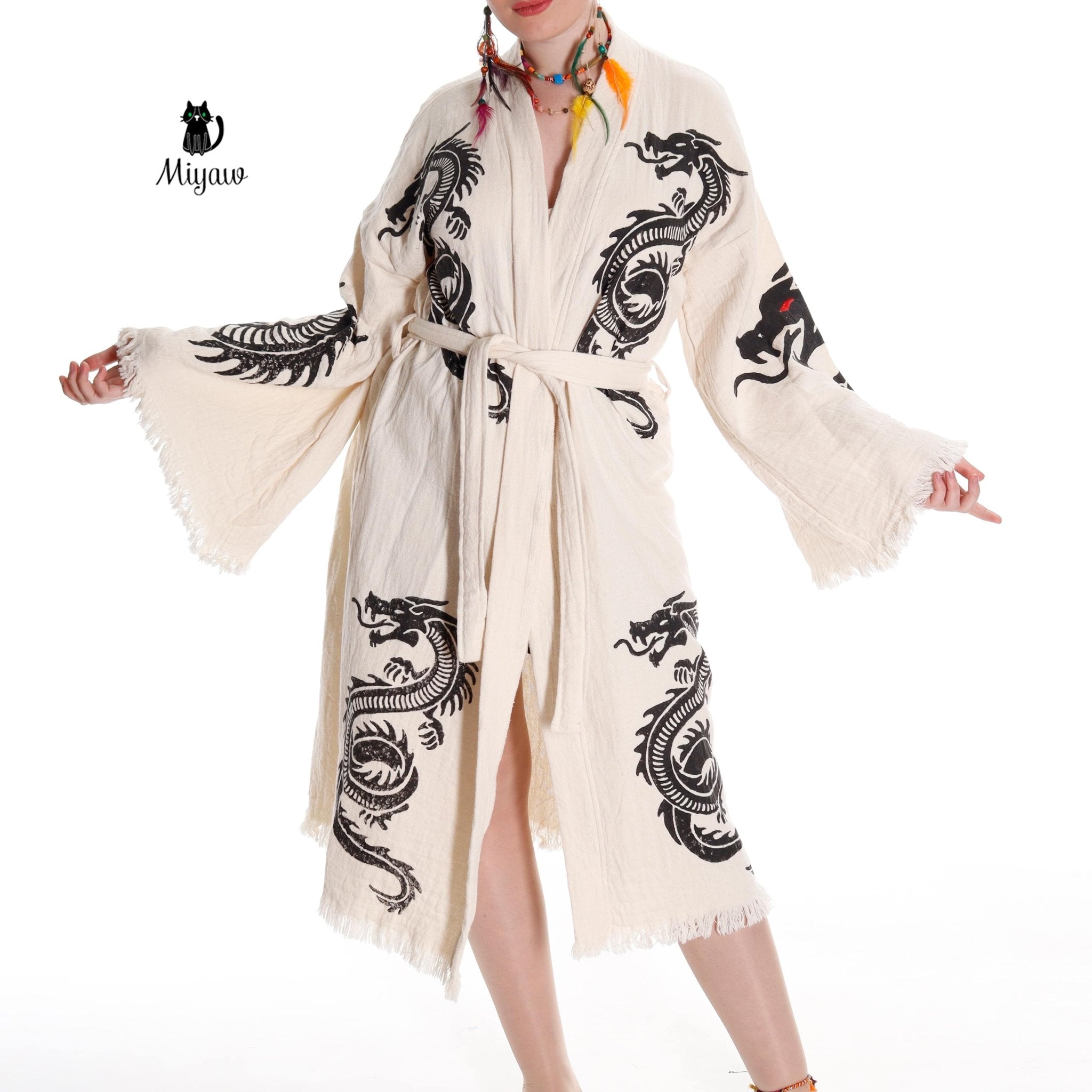 Boho Cotton Kimono Robe – Handcrafted Dragon Sleeve Resort Gown - Triniskies