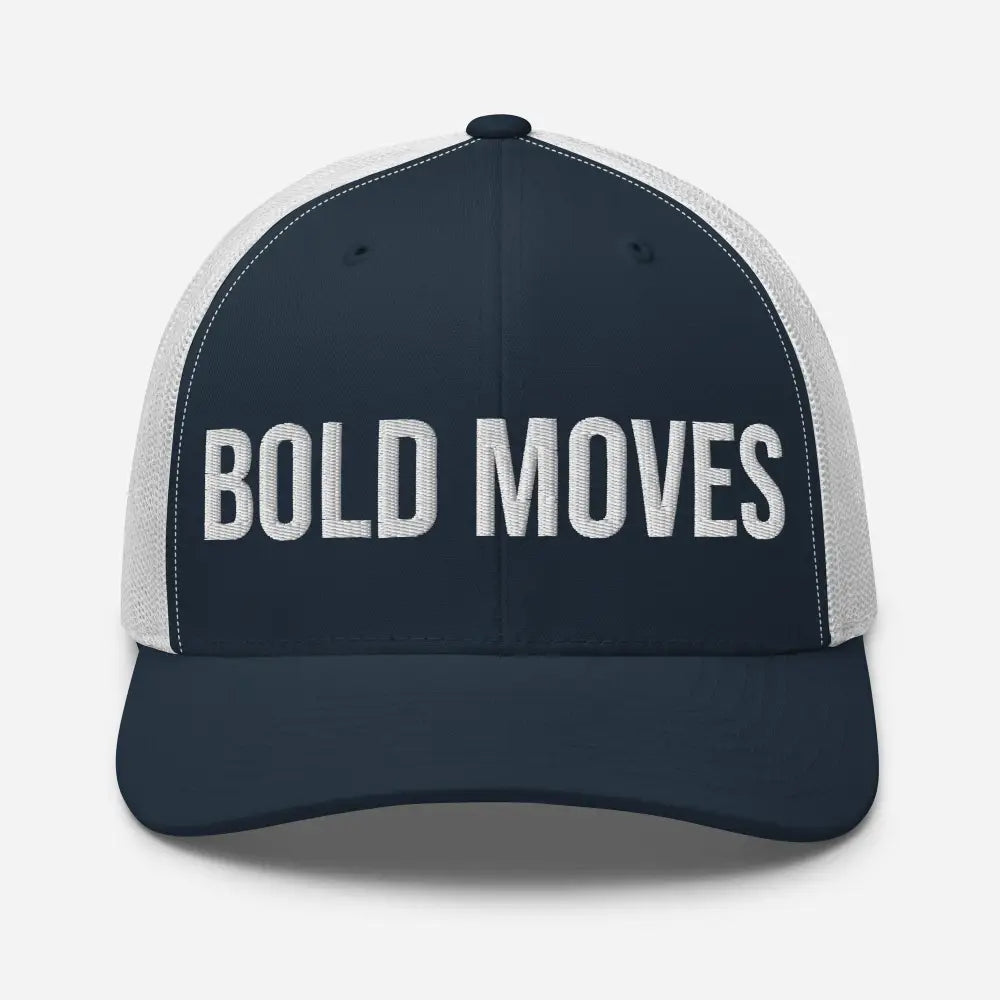Bold Moves Embroidered Trini Skies navy blue and white mesh trucker hat
