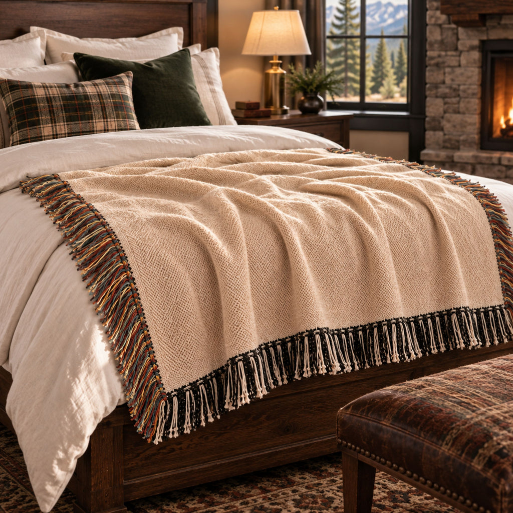 Oatmeal woven cotton throw blanket layered on a bed with multicolor confetti fringe and black-and-white fringe ends — Trini Skies