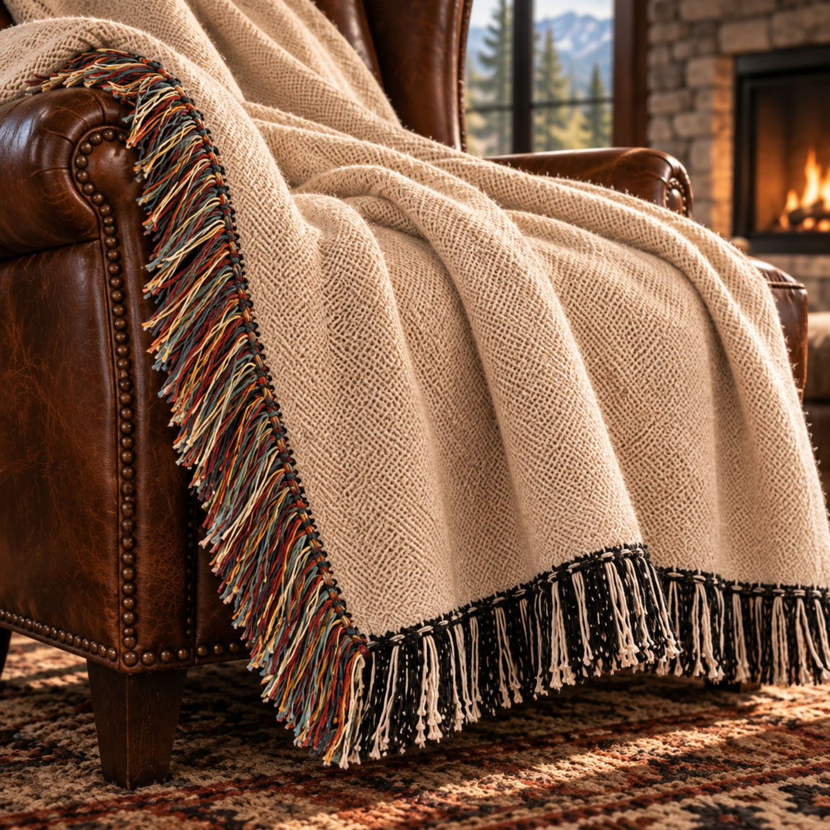 Oatmeal woven cotton throw blanket draped over a wooden bench outdoors, showing the confetti fringe and black-and-white fringe ends — Trini Skies
