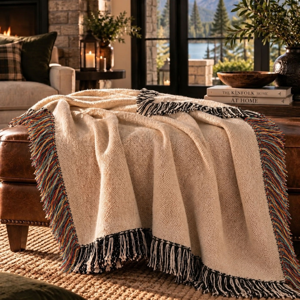 Oatmeal woven cotton throw blanket draped over an ottoman, showing the woven texture and confetti fringe — Trini Skies