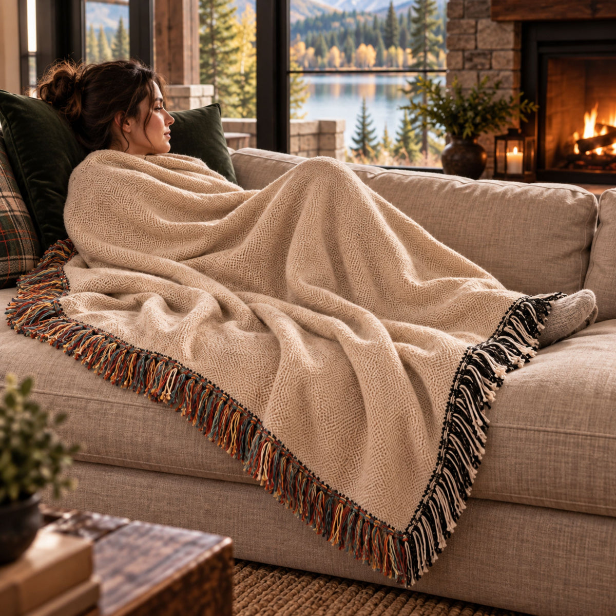 Woman wrapped in the oatmeal woven cotton throw blanket by a fireplace, showing the multicolor confetti fringe — Trini Skies