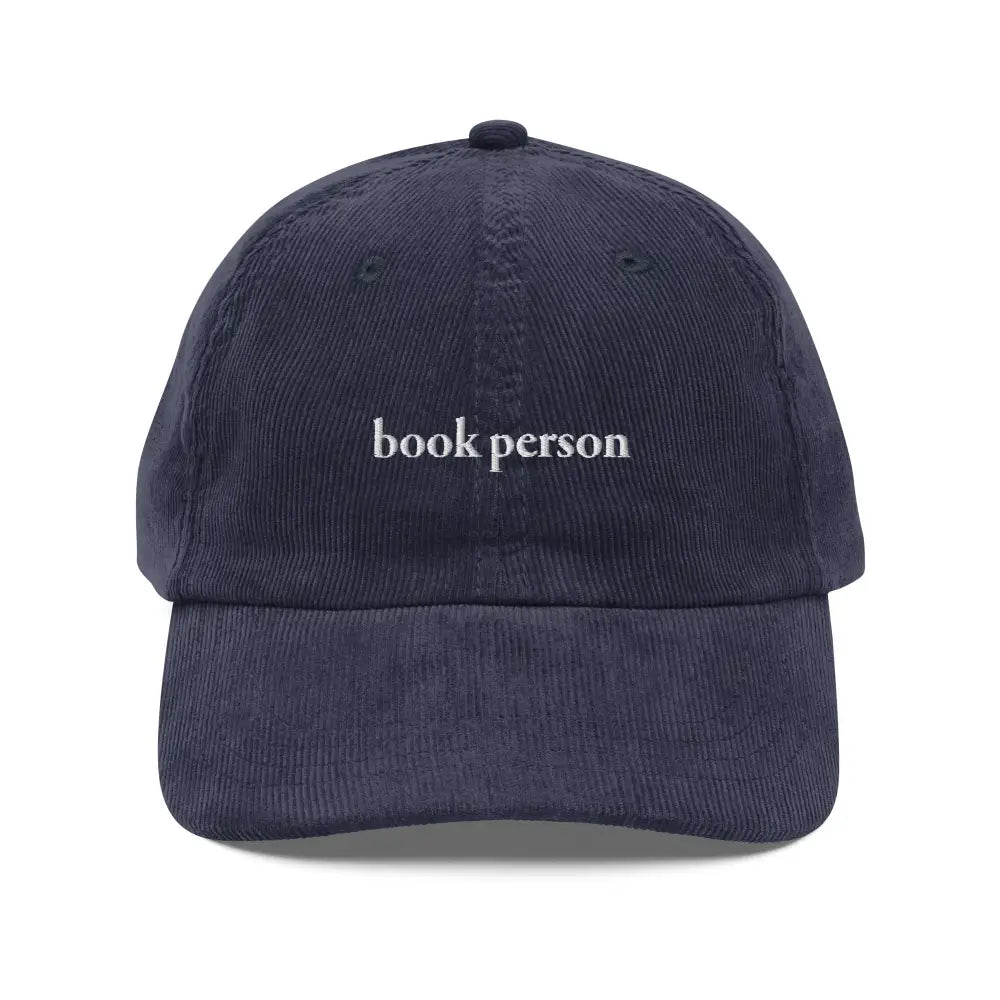 Trini Skies embroidered vintage corduroy cap with Book Person design