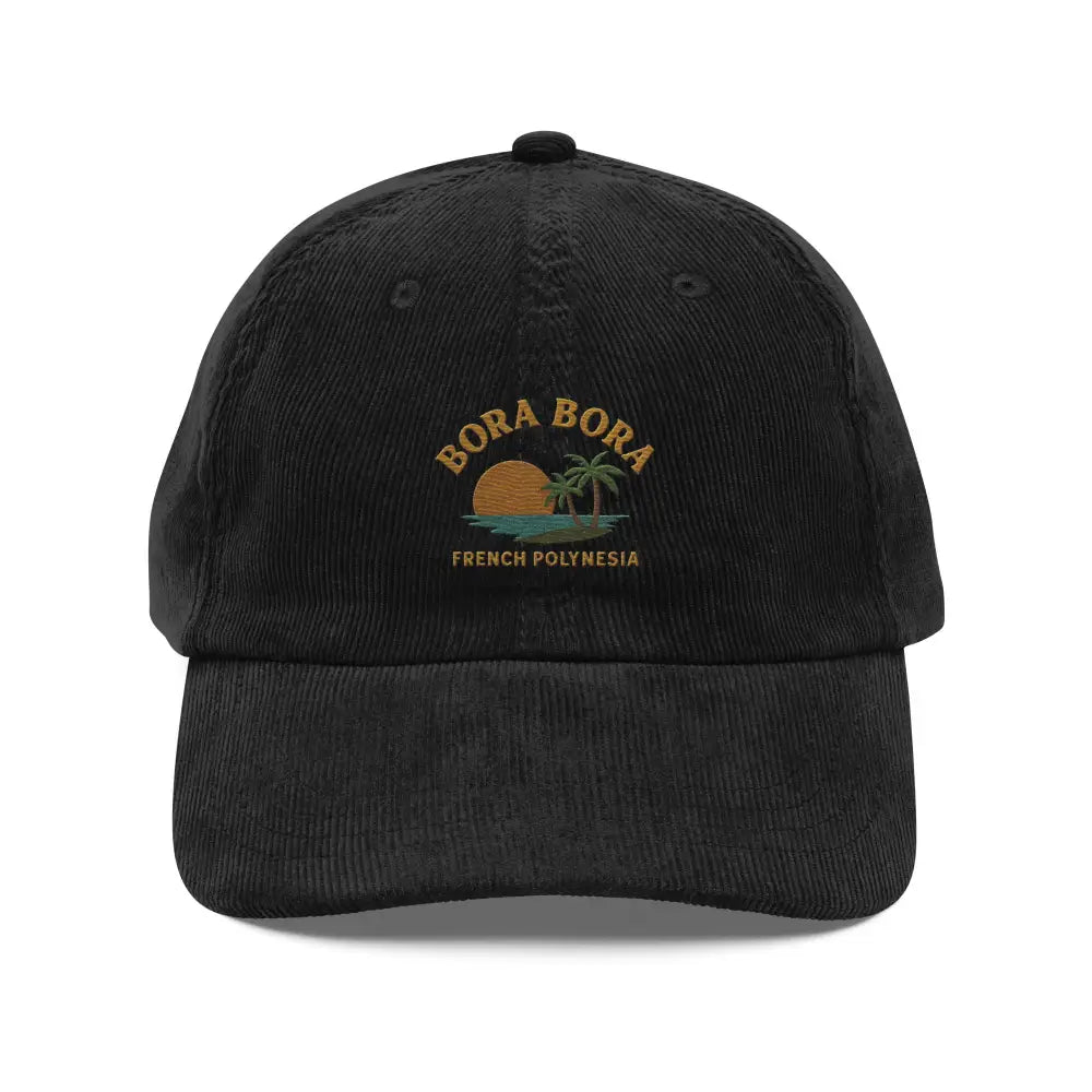 Bora Bora embroidered black corduroy baseball cap with tropical sunset design