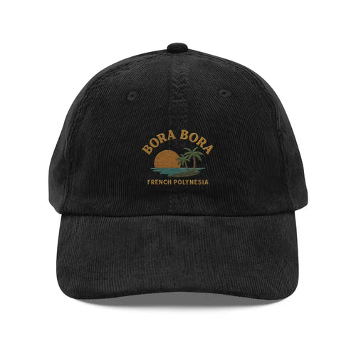 Bora Bora embroidered black corduroy baseball cap with tropical sunset design
