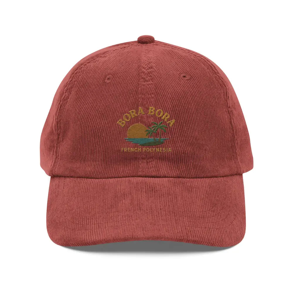 Red Bora Bora embroidered corduroy baseball cap with French Polynesia graphic
