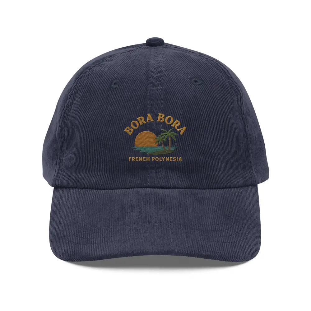 Bora Bora embroidered navy corduroy baseball cap with tropical sunset