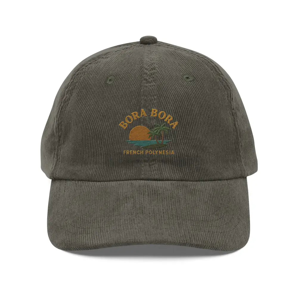 Bora Bora embroidered corduroy baseball cap with sunset and palm tree design