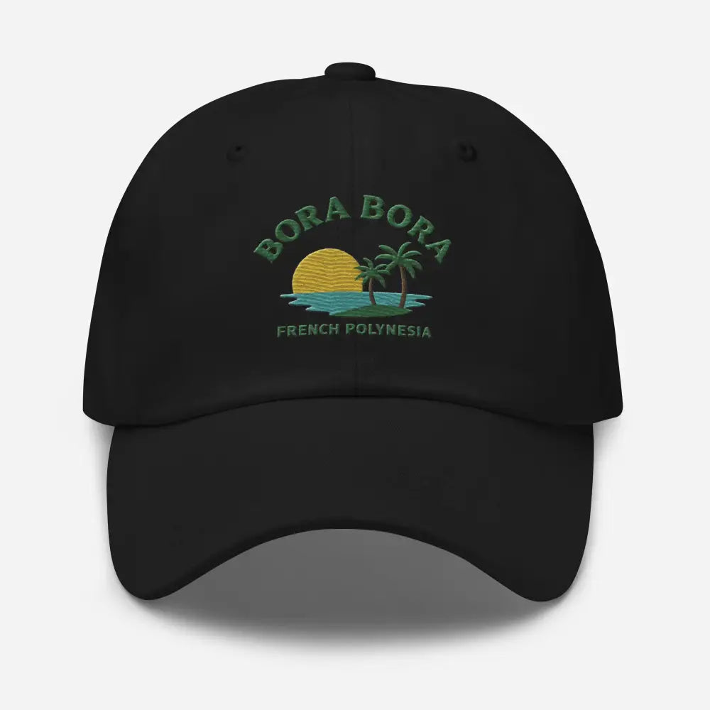 Black embroidered corduroy hat with Bora Bora French tropical design