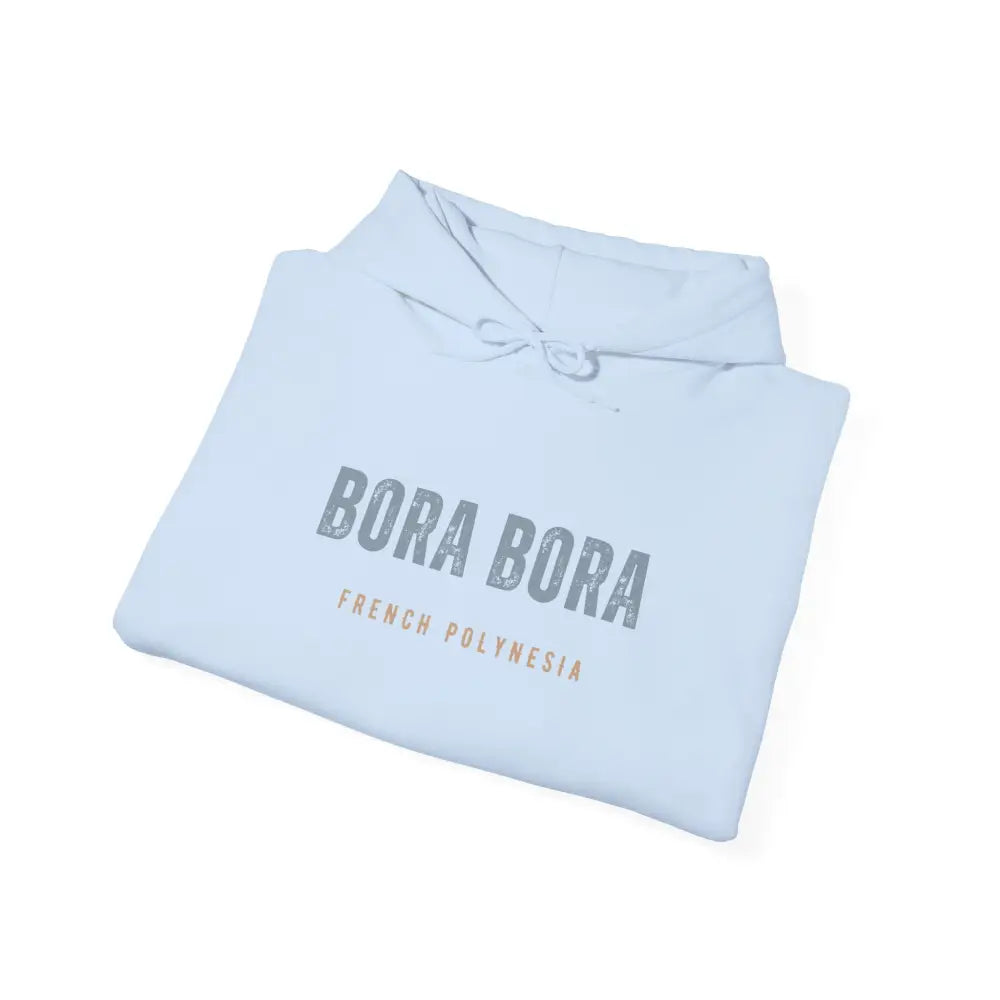 Folded light blue Bora Bora unisex hoodie with French Polynesia text