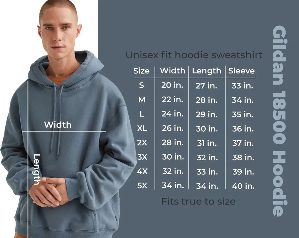 Bora Bora unisex hoodie size chart for Gildan 18500 sweatshirt