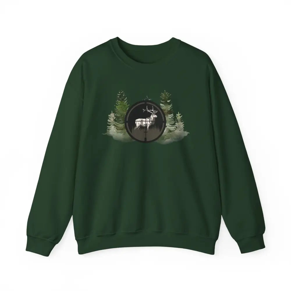 Dark green hunting inspired sweatshirt with deer scope graphic
