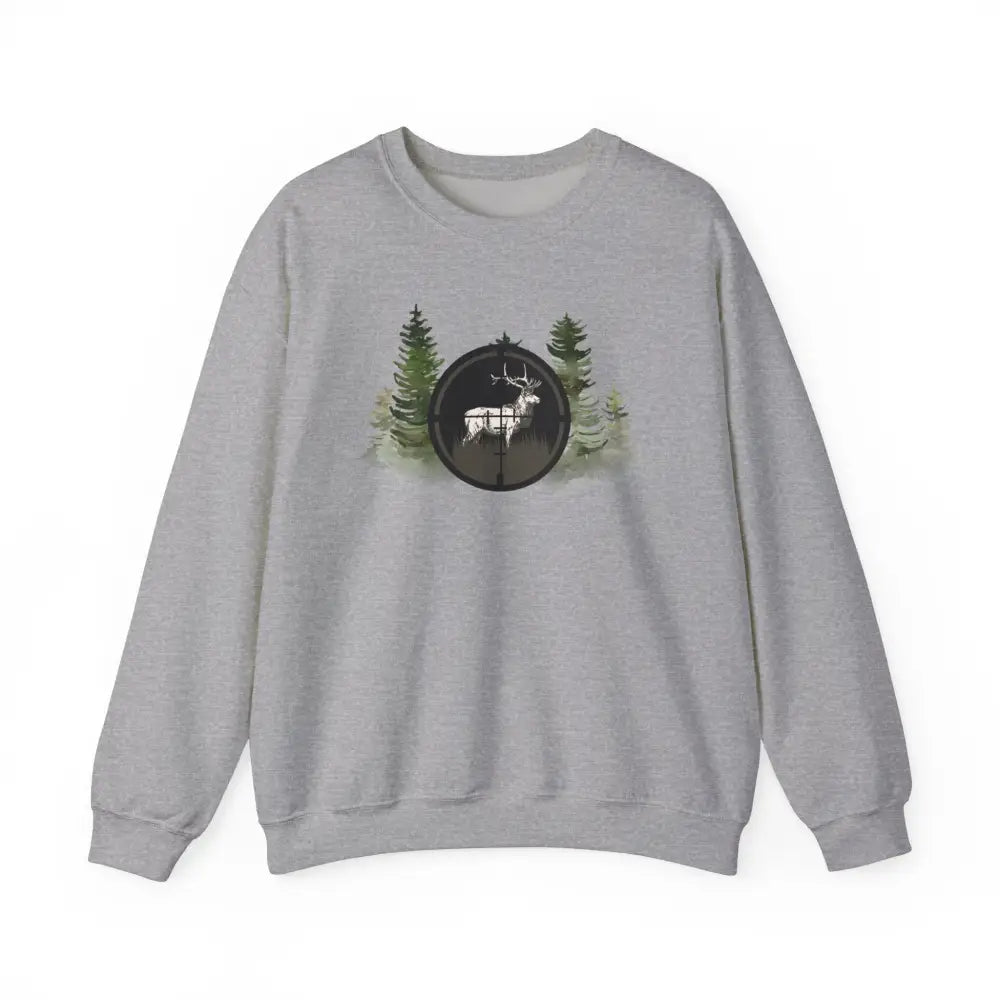 Gray hunting inspired sweatshirt with deer in scope graphic
