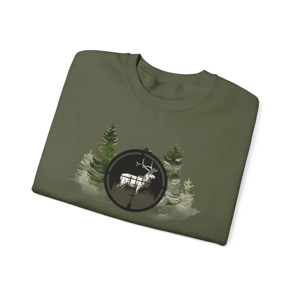 Olive green hunting inspired sweatshirt with white deer in scope graphic