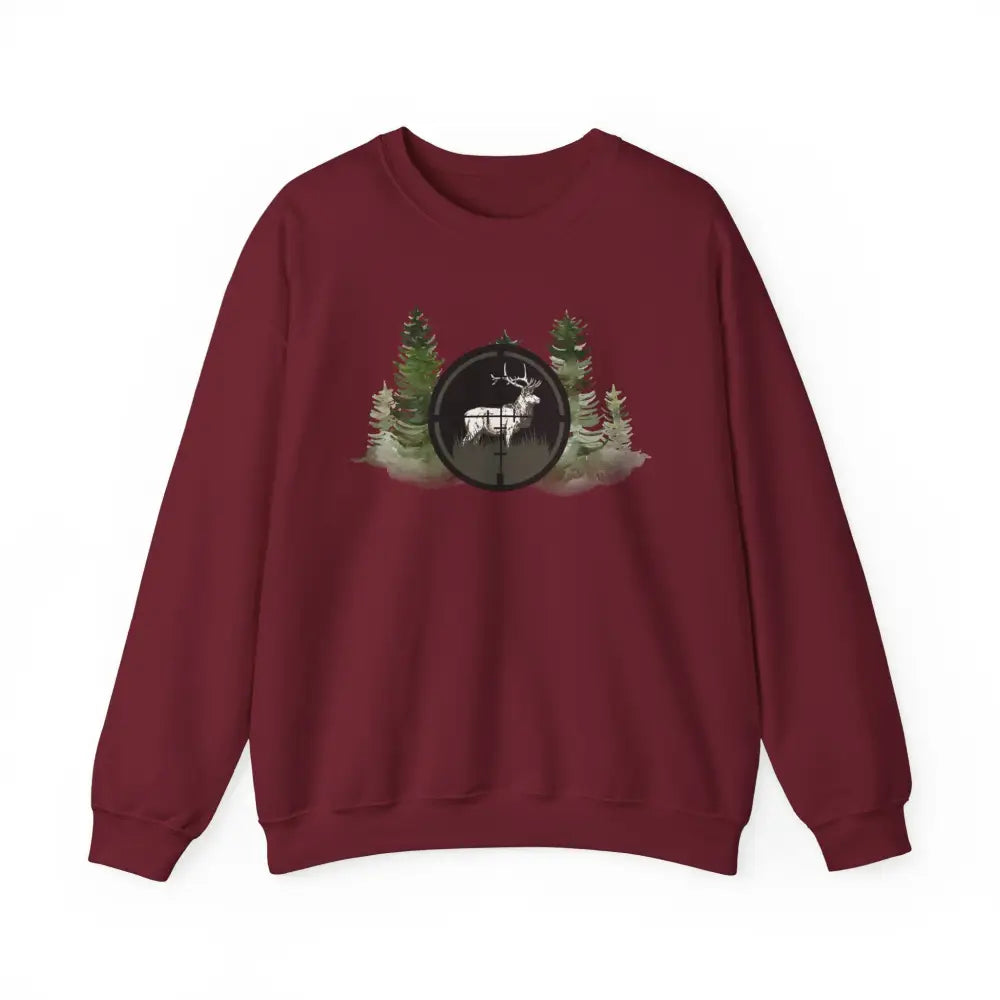 Maroon hunting inspired sweatshirt with deer in scope graphic