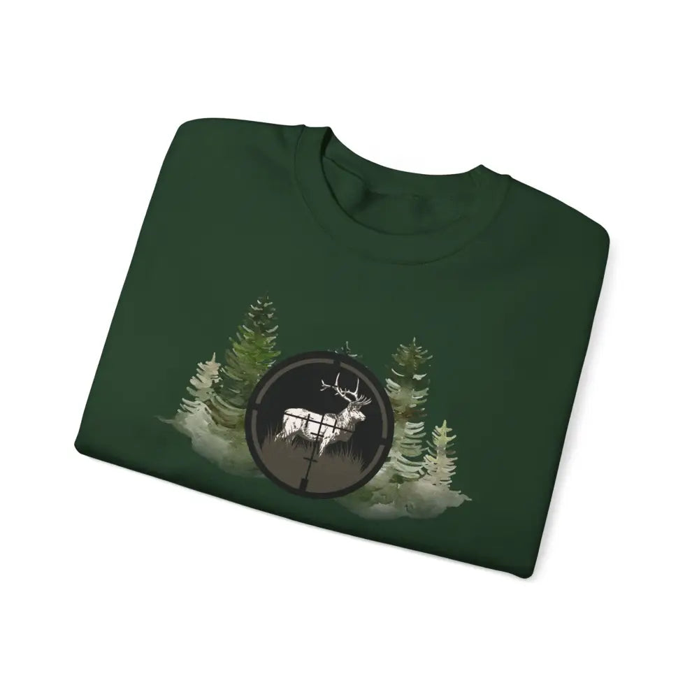 Dark green hunting inspired sweatshirt with deer in scope graphic