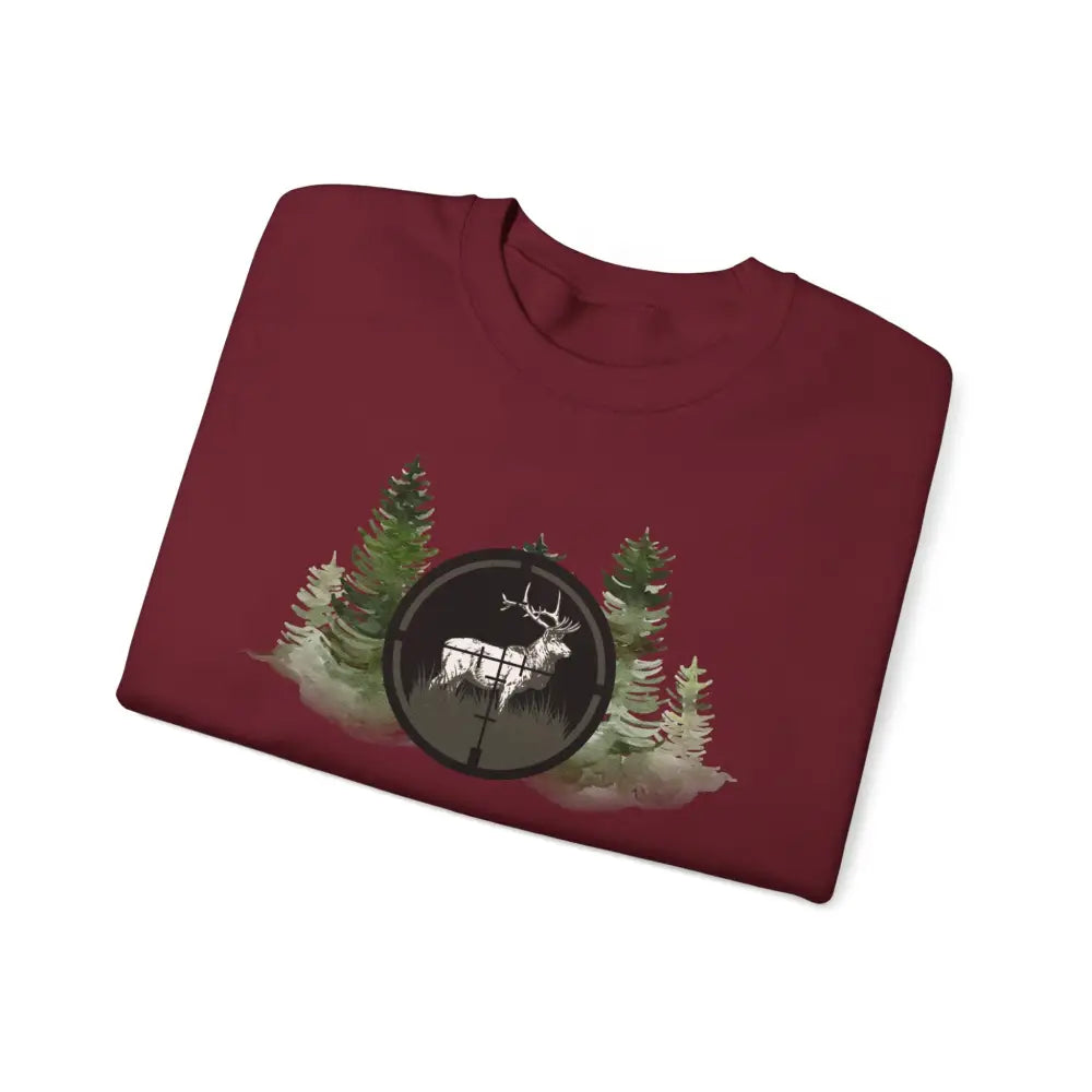 Maroon hunting inspired sweatshirt with deer in scope graphic