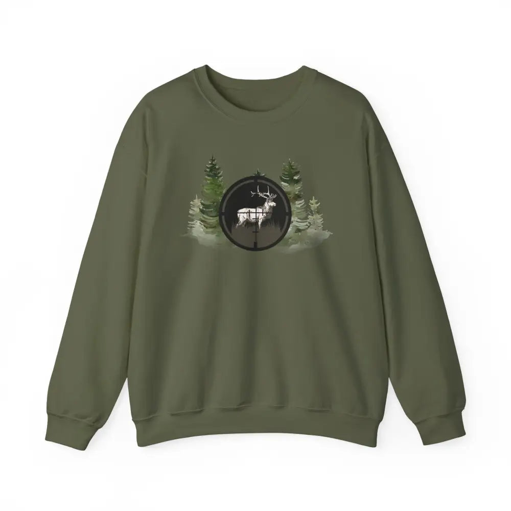Olive green Born to Hunt sweatshirt with deer scope graphic