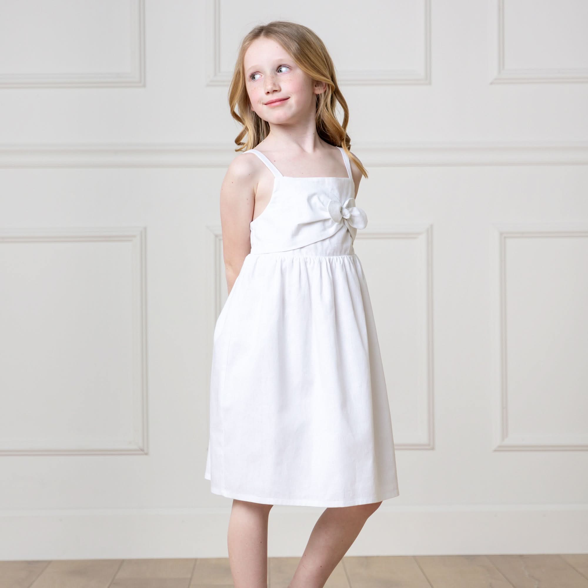 Bow Front Sundress – Girls Organic Cotton & Linen Summer Dress with Adjustable Straps - Triniskies