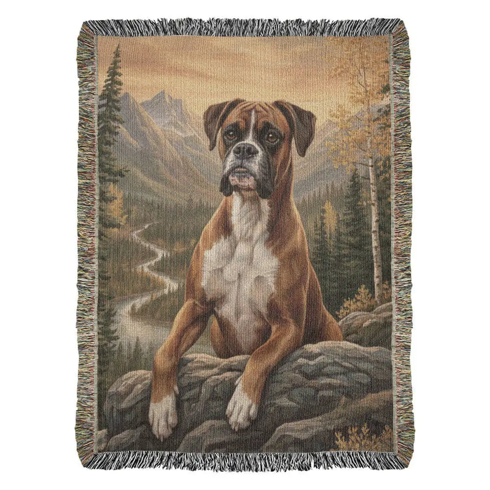 Heirloom woven cotton blanket with brown and white boxer dog on rocks