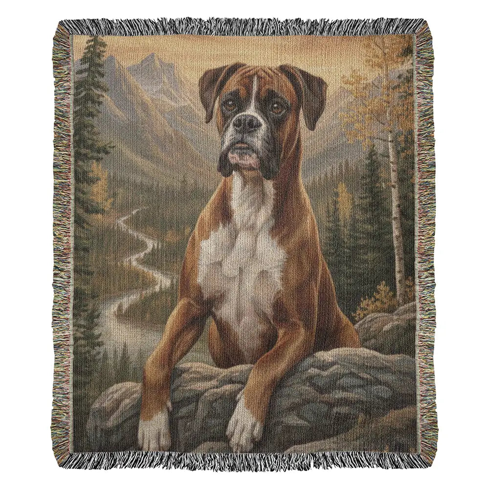 Heirloom woven cotton blanket with brown and white boxer dog in mountainous forest