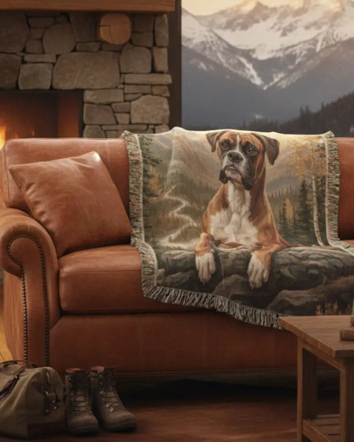 Heirloom woven cotton blanket with brown and white boxer dog portrait