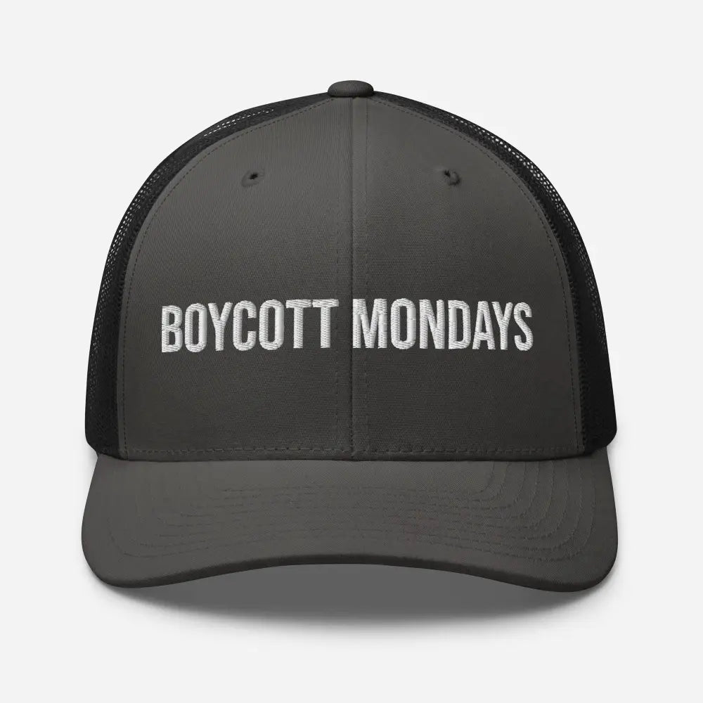 Boycott Mondays Embroidered Trini Skies Trucker Cap in black and gray