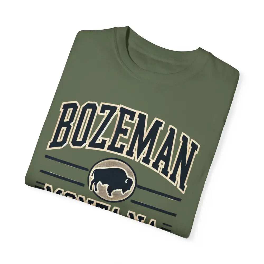 Folded olive green Bozeman Montana graphic tee with buffalo design