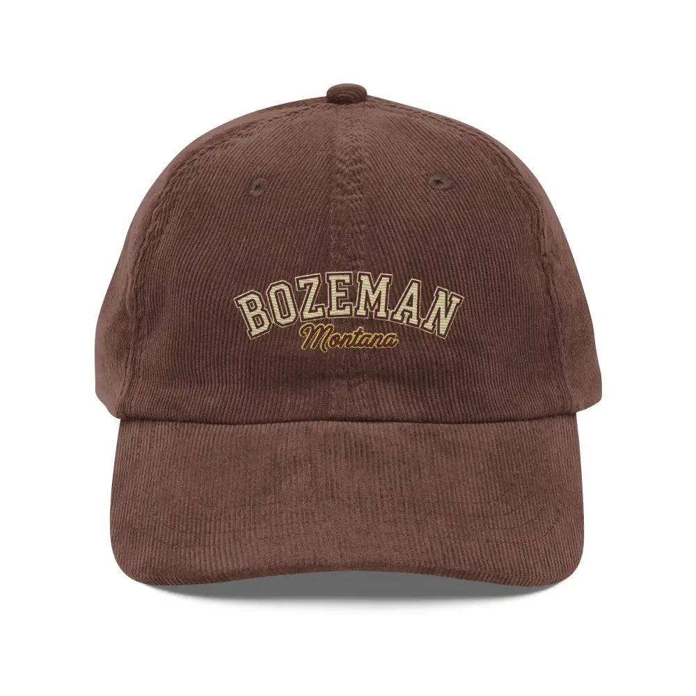 Bozeman Montana corduroy hat, retro embroidered dad cap in brown