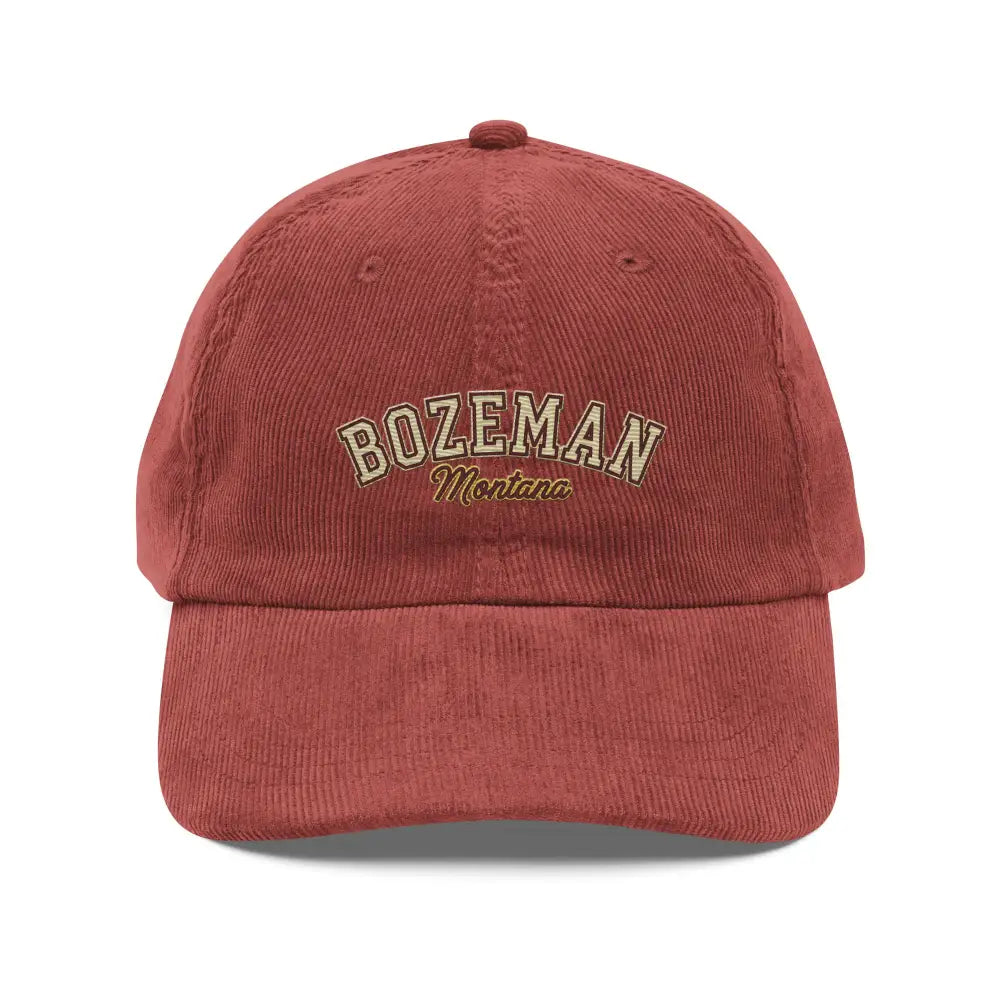 Red Bozeman Montana corduroy hat, retro embroidered dad cap