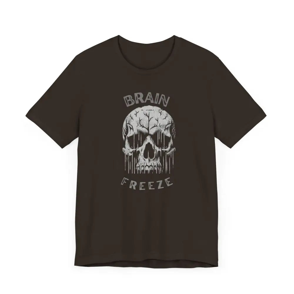 Dark brown unisex Brain Freeze Skull graphic tee with gray skull and brain