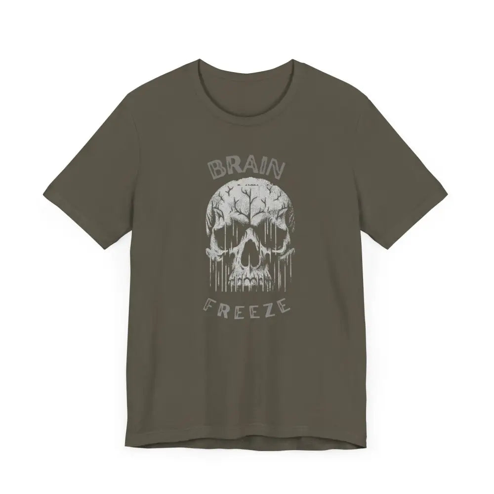 Olive green Brain Freeze Skull graphic tee on unisex cotton t-shirt