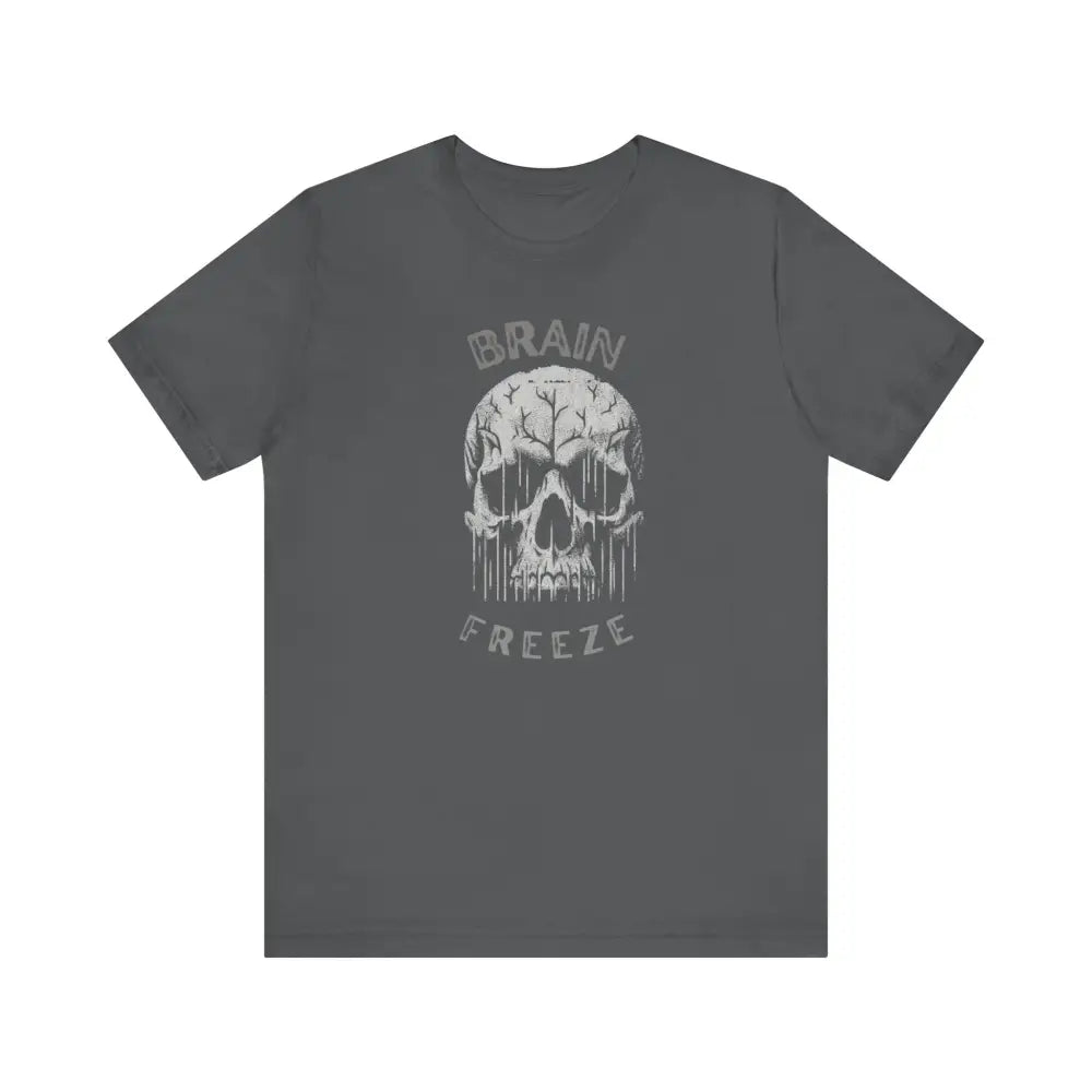 Dark gray unisex Brain Freeze Skull graphic tee with white design