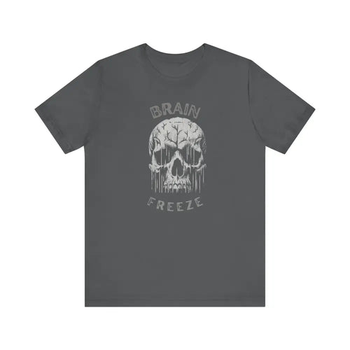 Dark gray unisex Brain Freeze Skull graphic tee with white design
