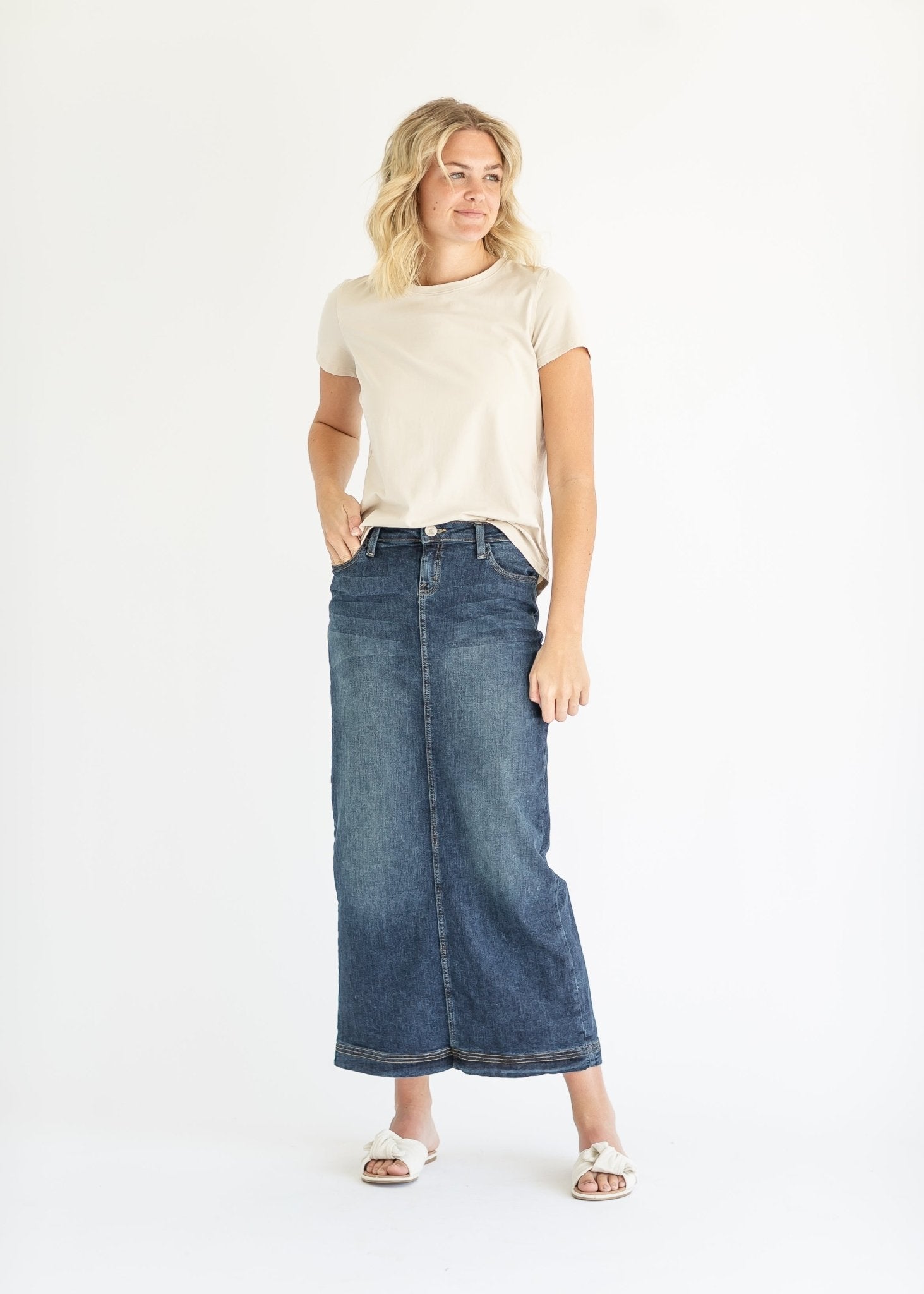 Bria Long Denim Maxi Skirt – Vintage Wash with Contrast Stitching - Triniskies