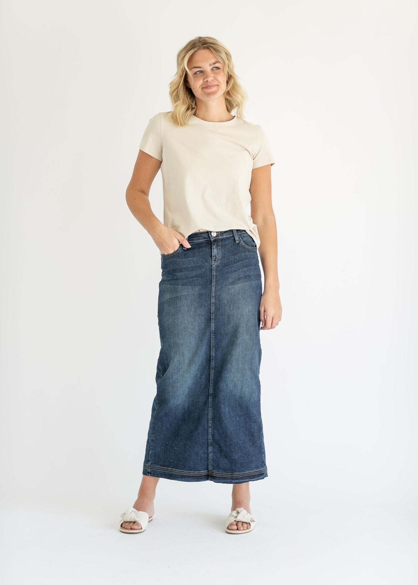 Bria Long Denim Maxi Skirt – Vintage Wash with Contrast Stitching - Triniskies