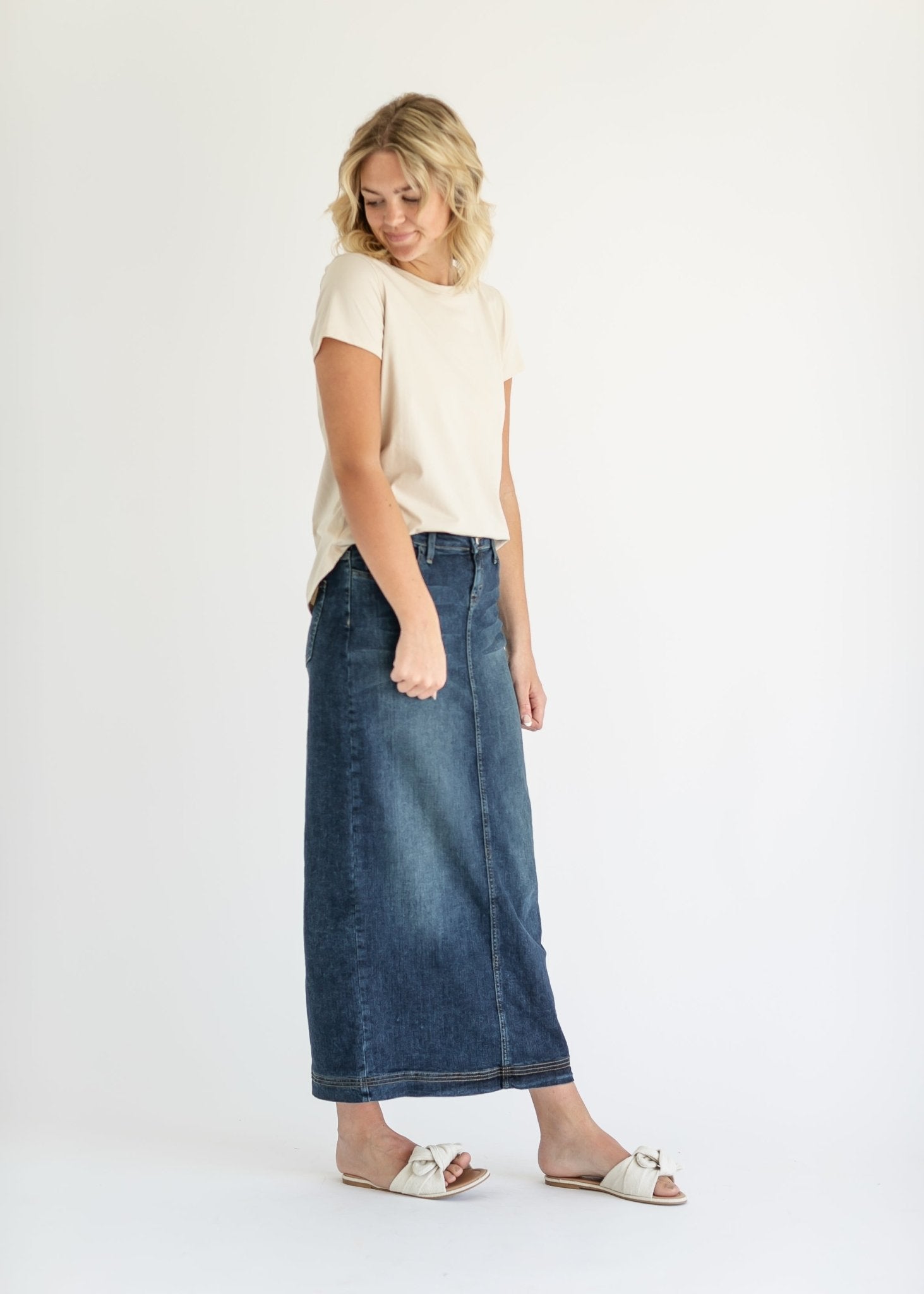 Bria Long Denim Maxi Skirt – Vintage Wash with Contrast Stitching - Triniskies