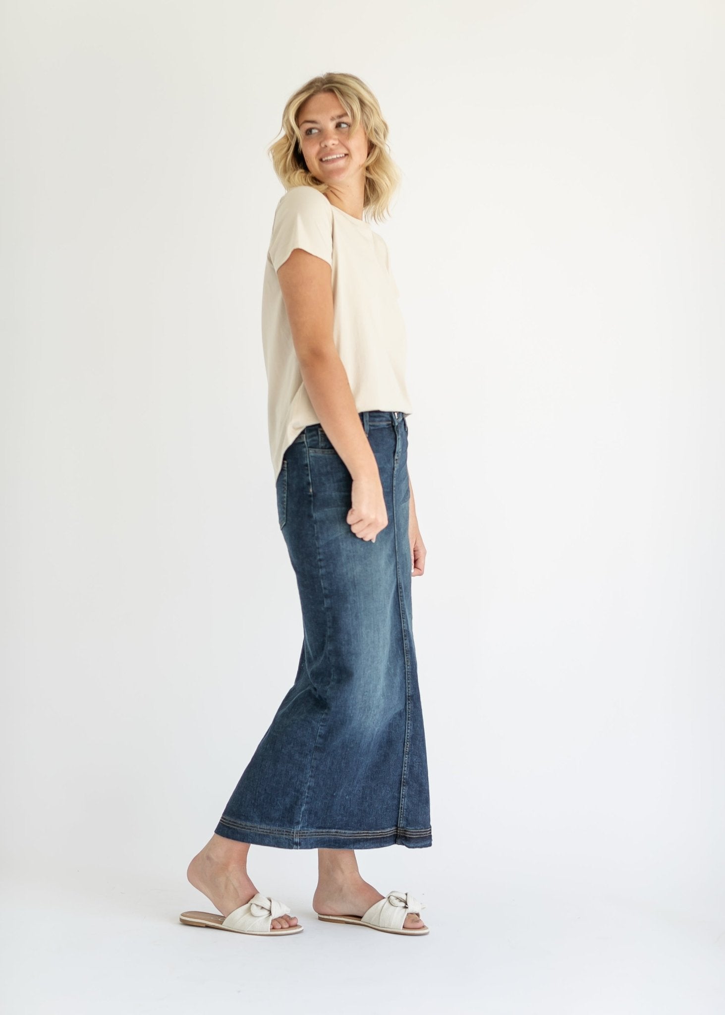 Bria Long Denim Maxi Skirt – Vintage Wash with Contrast Stitching - Triniskies