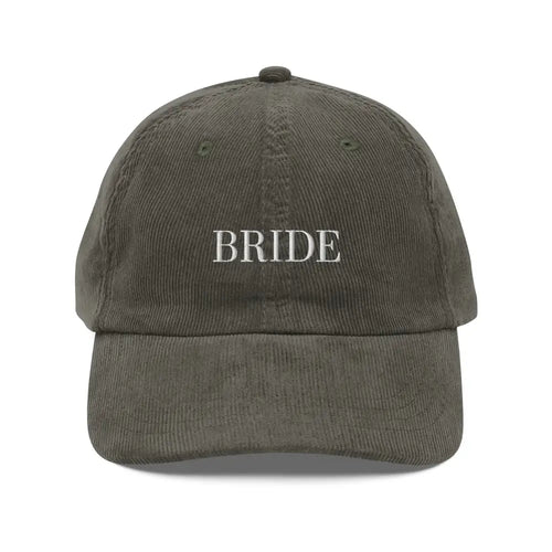 Olive green embroidered corduroy bridal shower cap with Bride in white