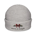 Light gray embroidered corduroy cap with bright Christmas bow and Merry & Bright text