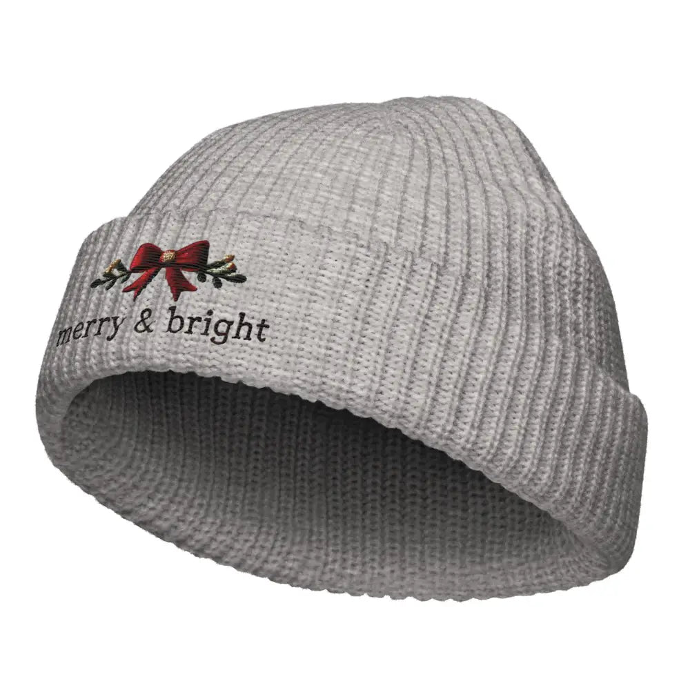 Light grey embroidered beanie with bright Christmas bow and foliage design