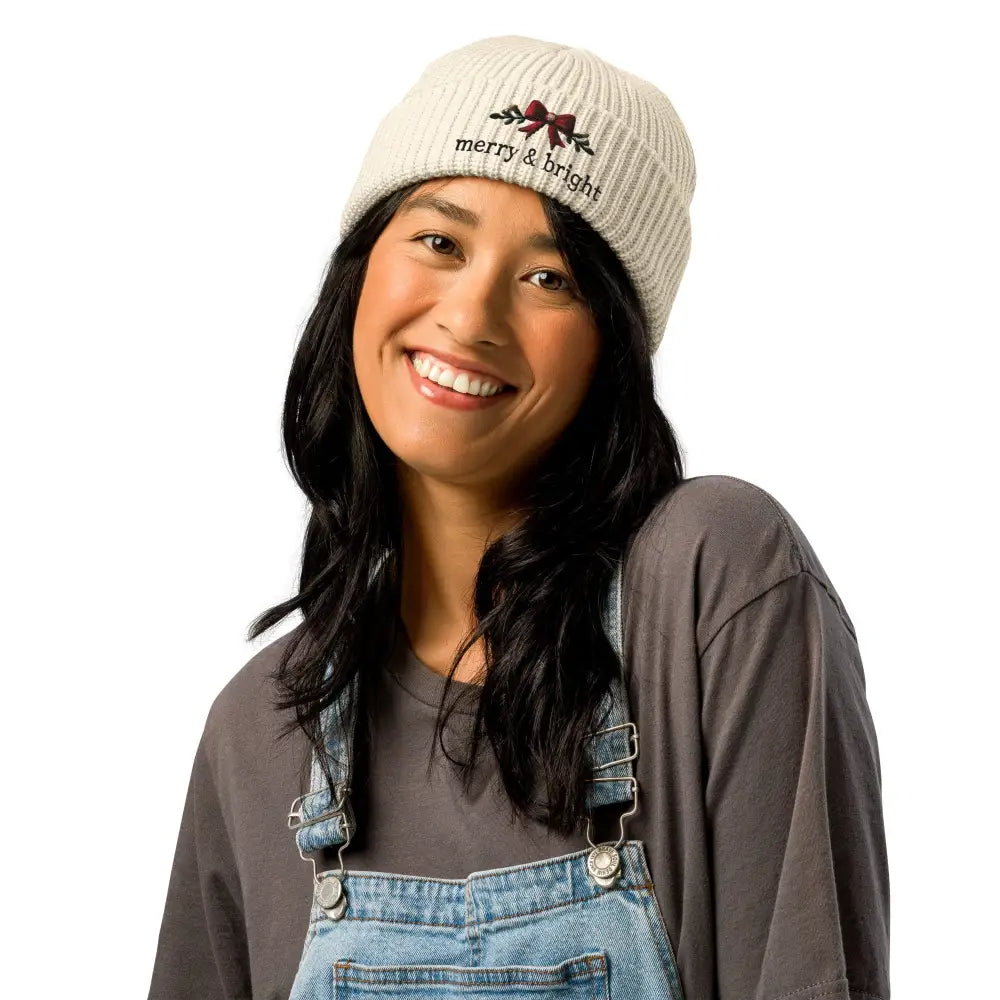 Cream ribbed beanie with bright Christmas bow embroidery