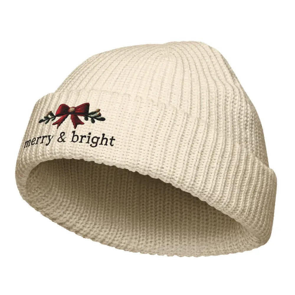 Bright Christmas Bow embroidered cream beanie with red bow