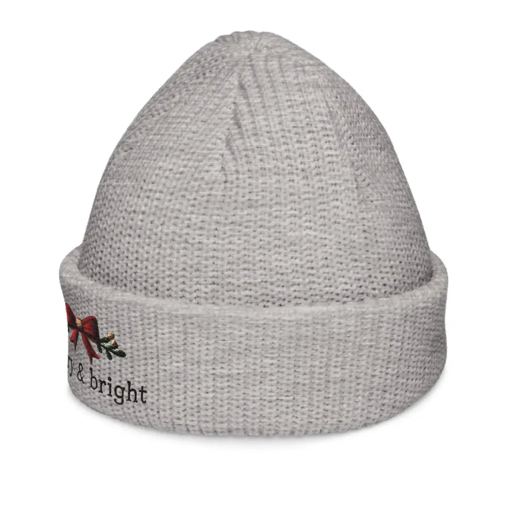 Light grey Bright Christmas Bow embroidered beanie with red bow and green leaves