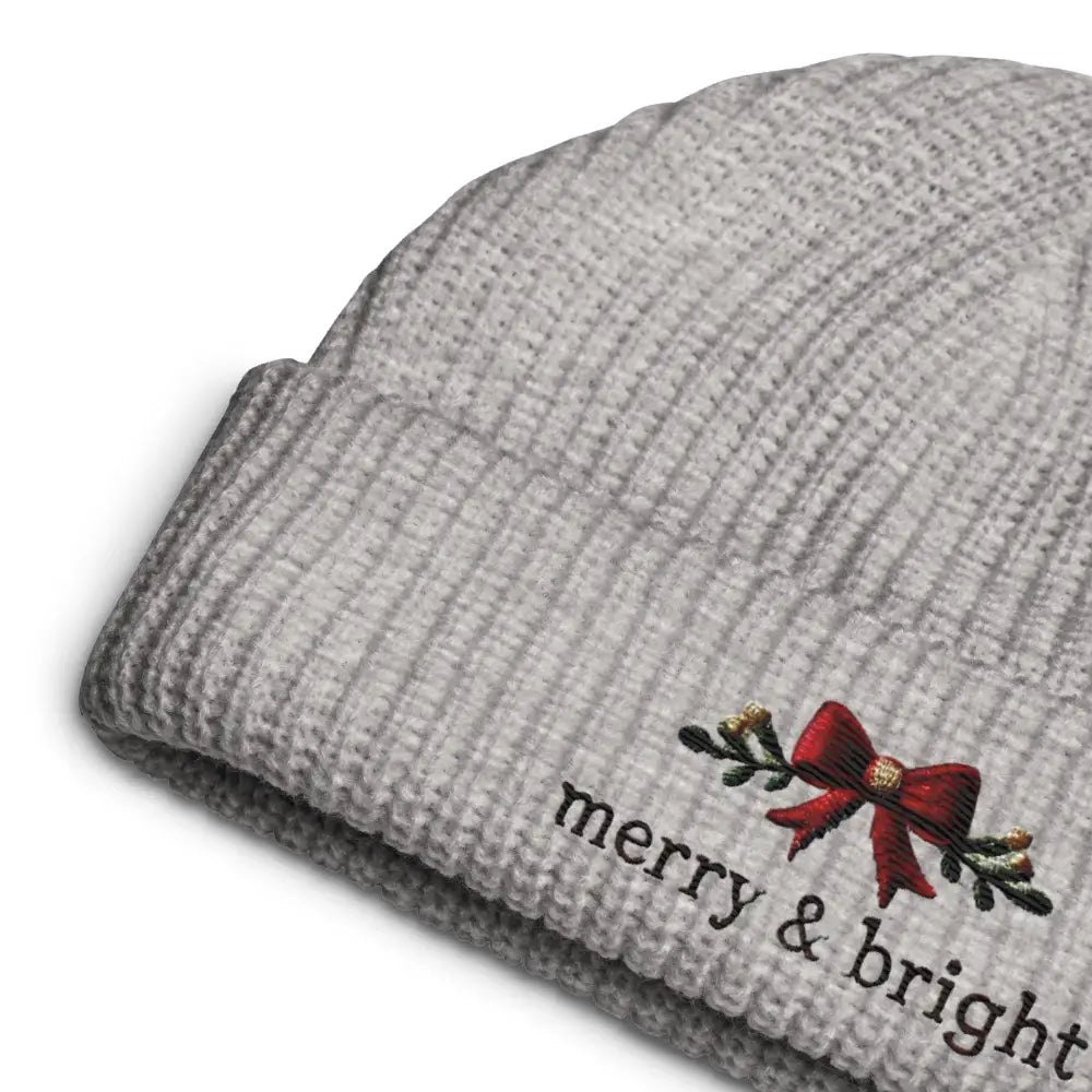 Light gray ribbed knit beanie with bright christmas bow embroidery