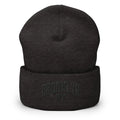 Dark gray cuffed Trini Skies embroidered beanie in urban street style