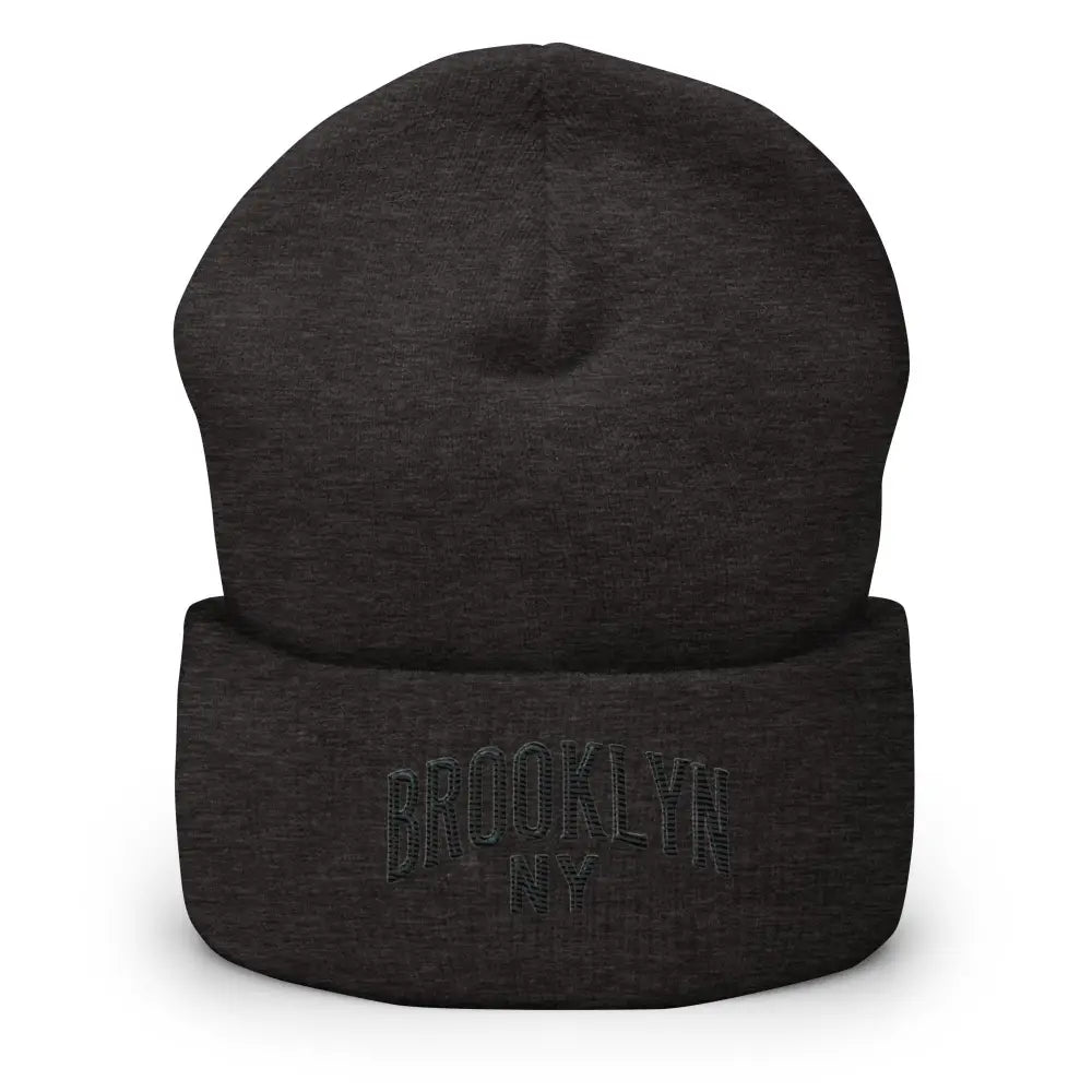 Dark gray cuffed Trini Skies embroidered beanie in urban street style