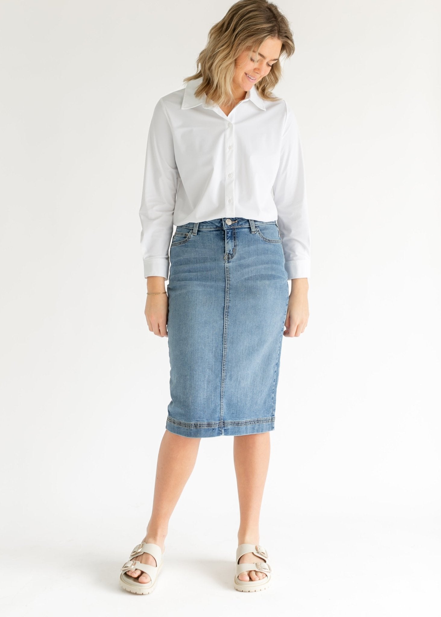 Bryn Light Wash Denim Midi Skirt | Sustainable Cotton Blend | Inherit Exclusive - Triniskies
